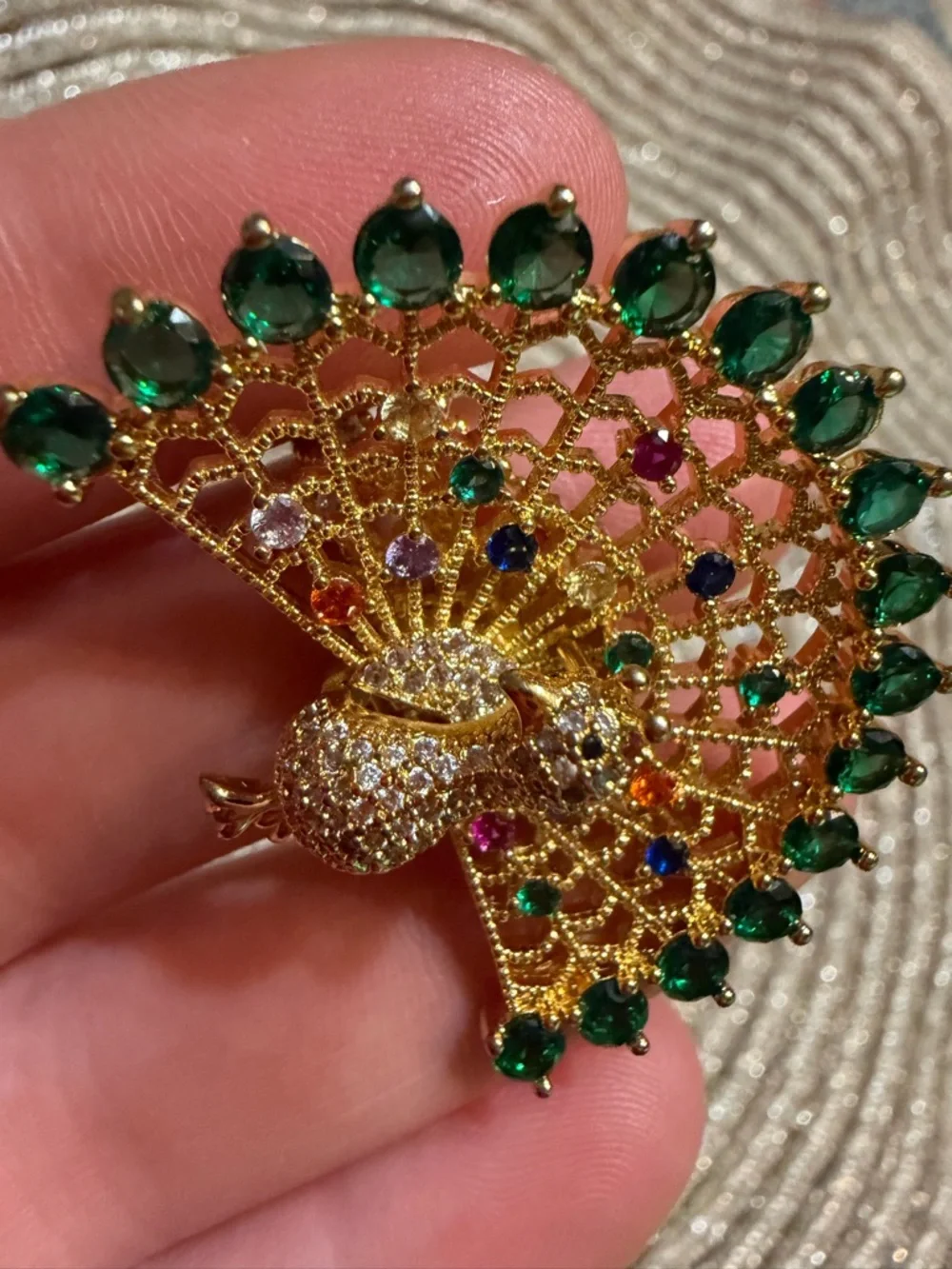 Gold Tone Peacock Statement Ring Rhinestone Crystal Adjustable Open Band Colors